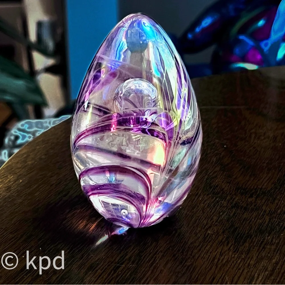 Glass Eye Studio Egg Iridescent Suspended Bubble Paperweight - Marked GES 96